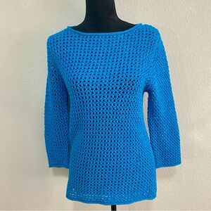 Lauren Ralph Lauren Blue Hand Knit Mercerized Cotton Sweater Open Mesh Small